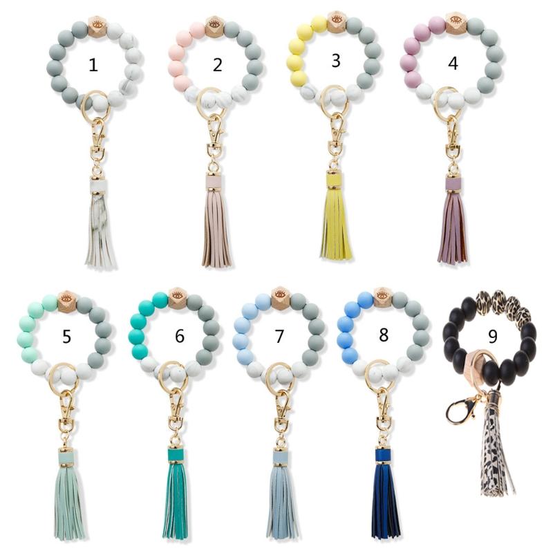 

Charm Bracelets Natural Wood Eye Bracelet Keychain Wristlet Leather Tassel Food Grade Silicone Bead Key Ring For Women, Golden;silver