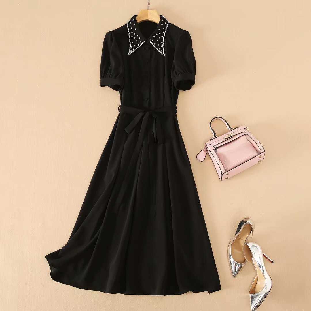 

HIGH QUALITY est Fashion Summer Dresses Women's Elegant Short Sleeve Beaded Pointed Collar Black Holiday Long Dress 210526