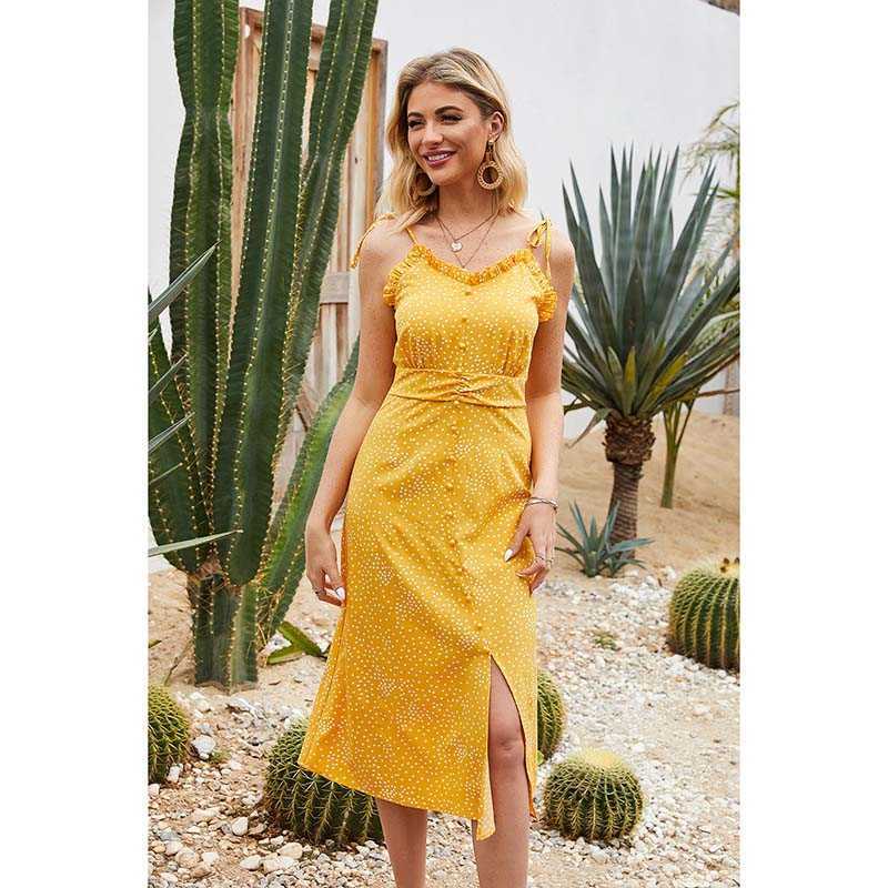 

Bohemian Polka Dot Women Dress Sexy V-Neck Spaghetti Strap Ruffles Spilt Button Holiday Beach Ladie Dresses W864 210526, Yellow