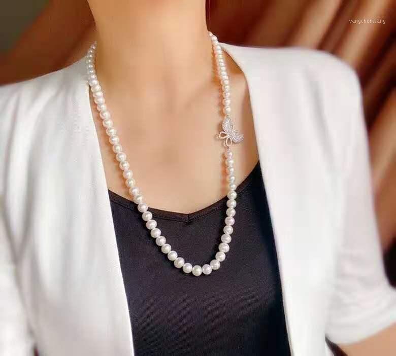 

Hand Knotted 80cm 8-9mm White Nearly Round Freshwater Pearl Butterfly Micro Inlay Zircon Necklace Fashion Jewelry Chains