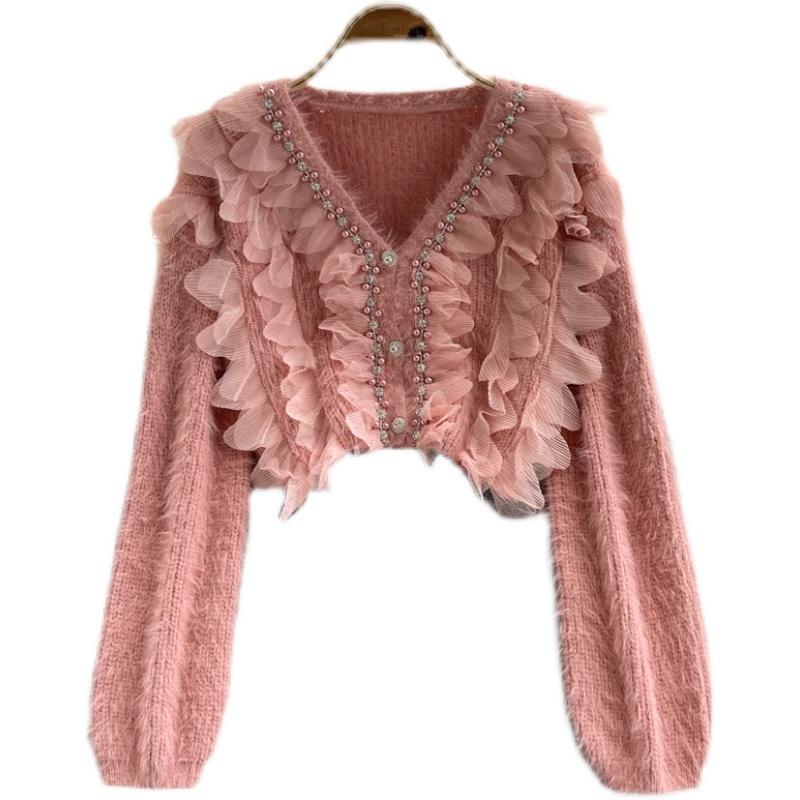 

Women's Sweaters Chic Beaded V-neck French Knit Cardigan 2021 Fall Winter Fashion Sweet Short Sweater Western Style Top, Photo color