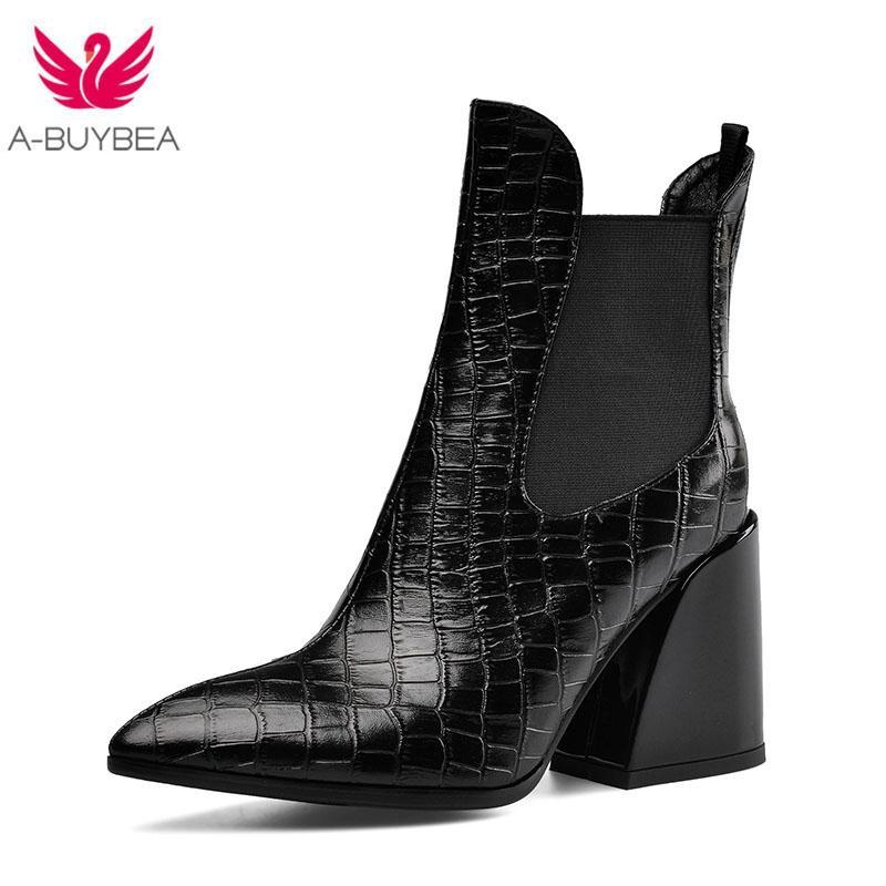 

Real Leather Ankle Boots For Women Fashion Pointed Toe High Heels Womens Western Slip-on Ladies Winter Black Shoes Size 43