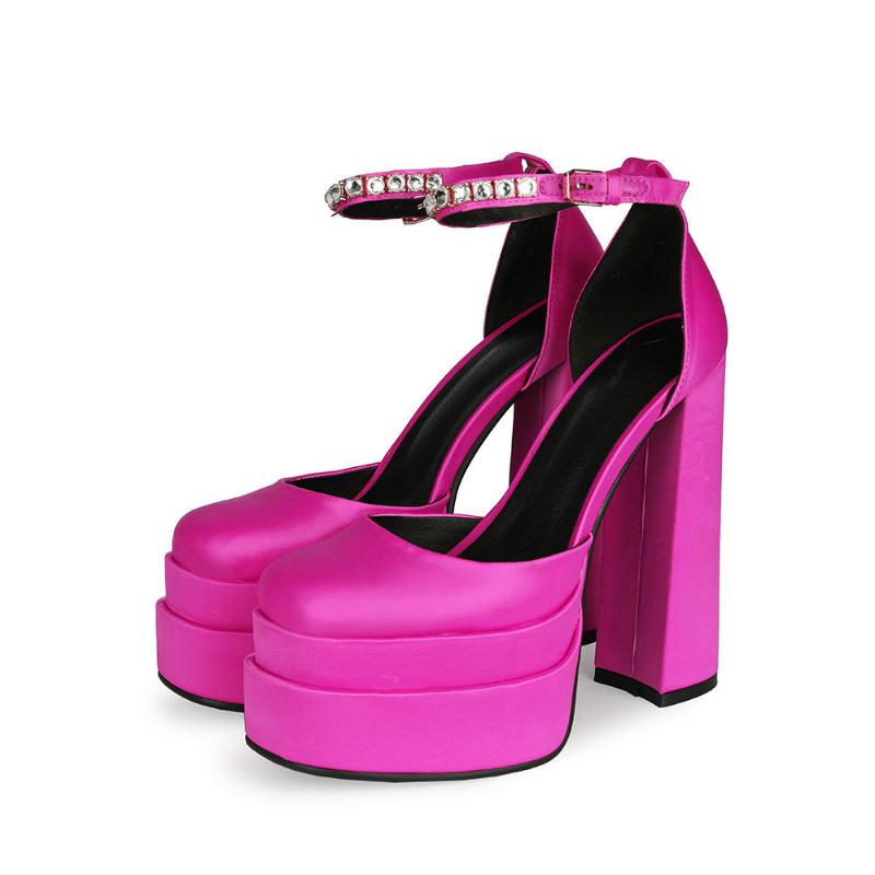 

Dress Shoes 15CM Sexy Women's Pumps Genuine Leather Silk Thick High Heel Platform Rhinestone Women Black Red Yellow Rose Purple