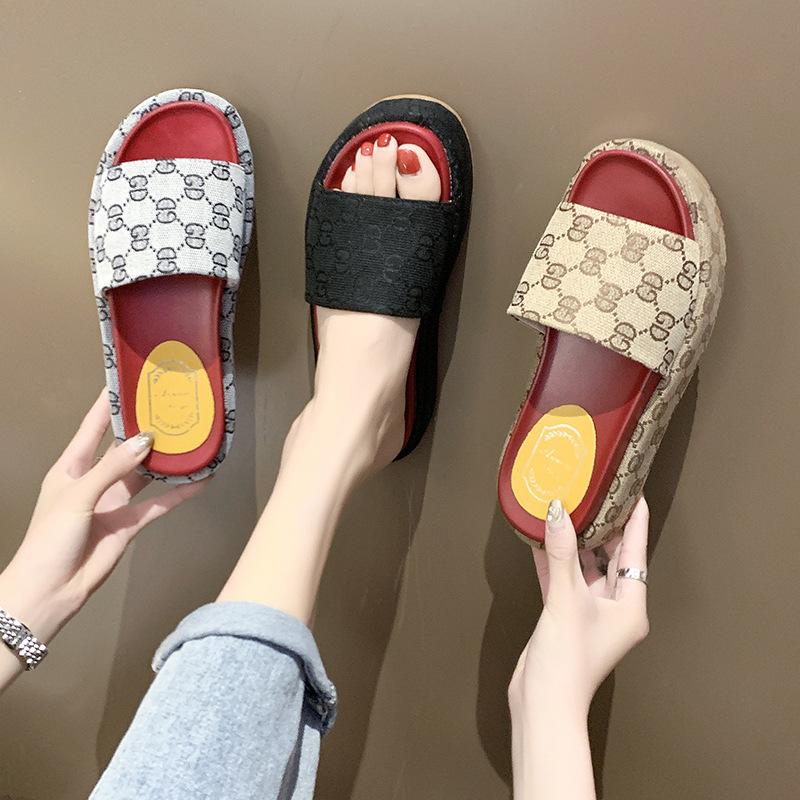 

Summer Canvas Surface Women Slippers Thick Bottom Word Drag Women's Shoes Sandals High Heels Casual Shoe, Black