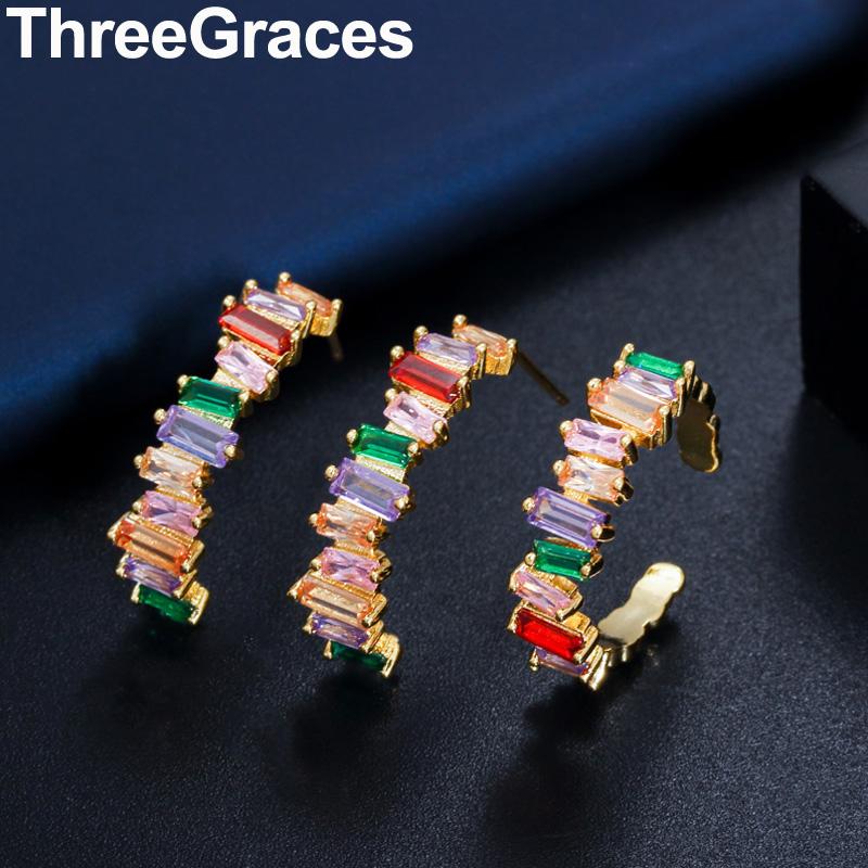 

Earrings & Necklace ThreeGraces Exquisite Colorful Baguette CZ Rainbow Open Cuff Rings Hoop Jewelry Sets For Ladies Engagement Party JS267, Silver