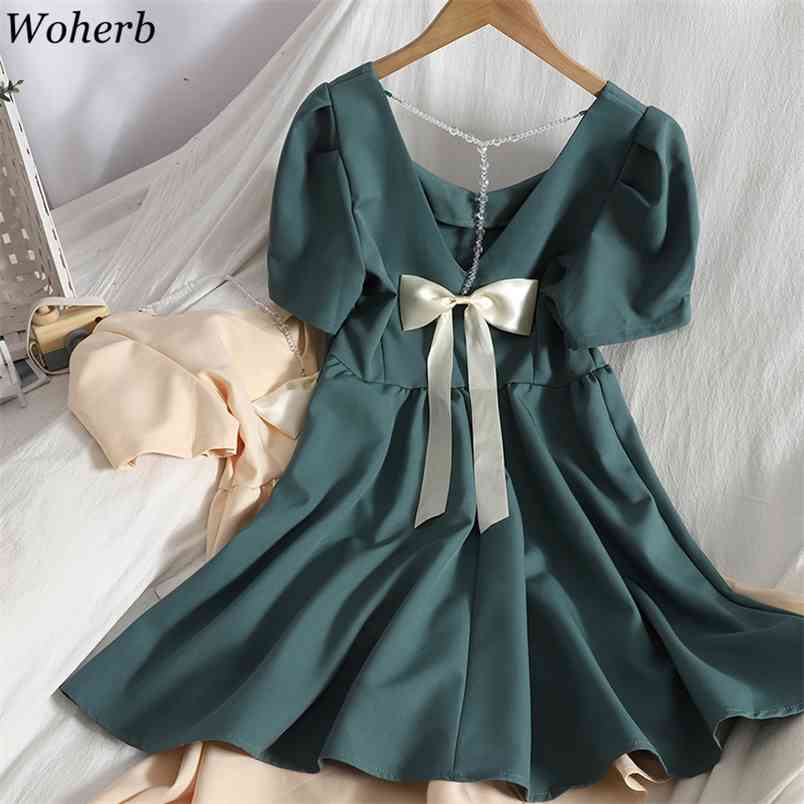 

Summer Mini Dress Women Backless Bow Temperament Dresses Korean Elegant Robe Square Neck Puff Sleeve Beading Vestidos 210519, Black