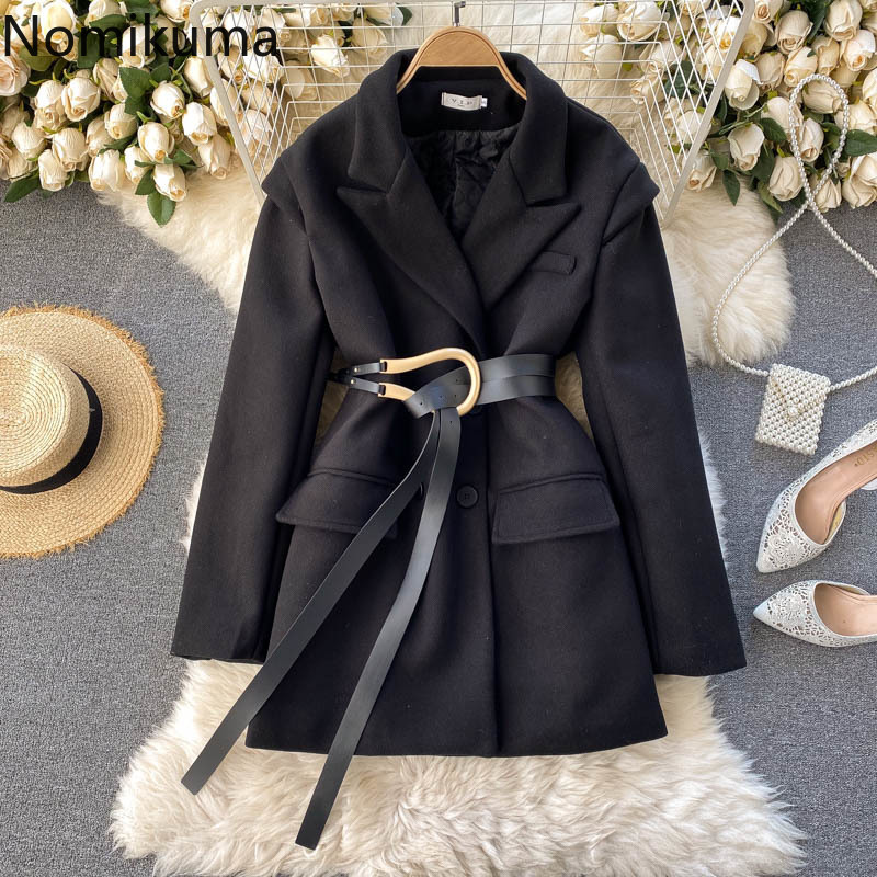 Nomikuma Autumn Winter Thicken Woolen Blazer Coat Double Breasted Notched Collar Suit Jacket New Belt Slim Waist Blazers 6D811 210427