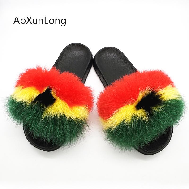 

Slippers 100% Real Hair Women Fur Flip Flops Raccoon Fluffy Woman Slides Furry Shoes Summer Sweet Ladies Sandals, Black