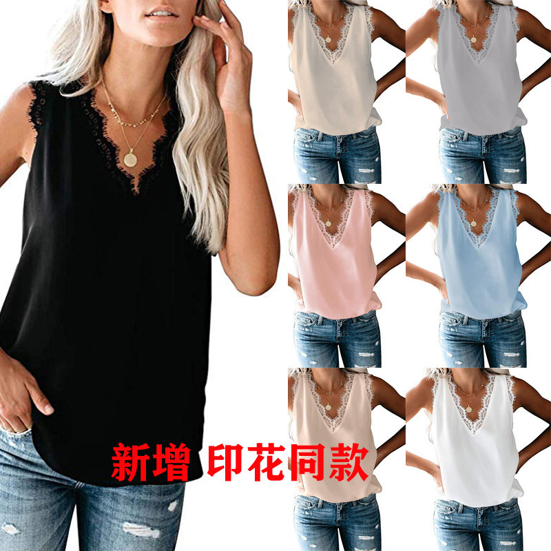 

women's 2021 summer new solid lace v-neck svels blouse t-large chiffon vt, White
