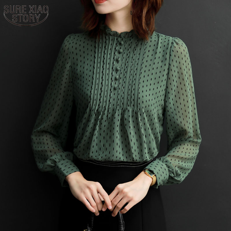 

Chiffon Blouse Polka Dot Fashion Women Blouses Plus Size 4XL Long Sleeve Womens Shirts Loose Office Lady Tops Feminine 11859, Green
