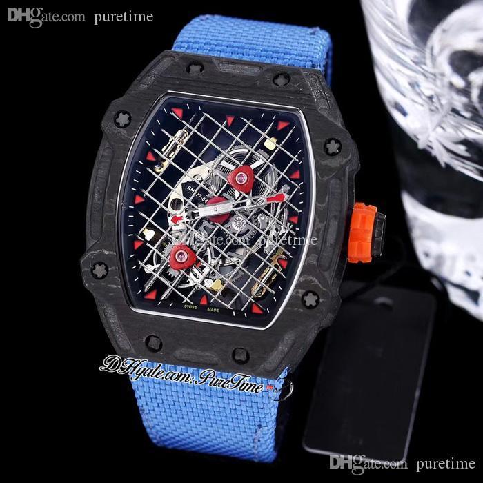 

RM27-04 Tourbillon Rafael Nadal Automatic Mens Watch Black Carbon Fiber Skeleton Dial Blue Nylon Celebrating 10th Years Ultra-light Partnership Puretime Z51e5, Extra strap