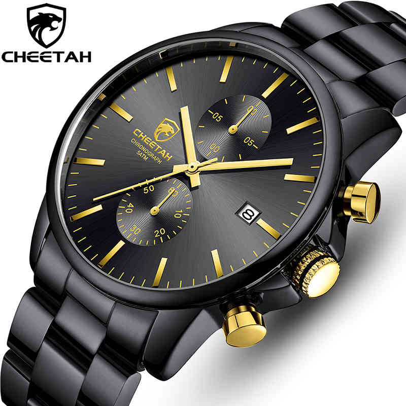 

CHEETAH Men Watches Top Brand Stainless Steel Black Gold Quartz Watch Men Fashion Chronograph Male Sport Clock Relogio Masculino 210517, Silver black