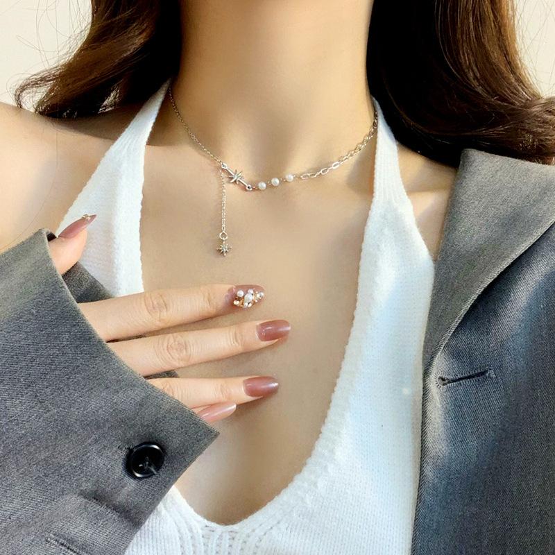 Pendant Necklaces 2021 Korea Dongdaemun Fairy Pearl Necklace For Women Personality Stitching Thin Style Trendy Clavicle Chain-image-708486983