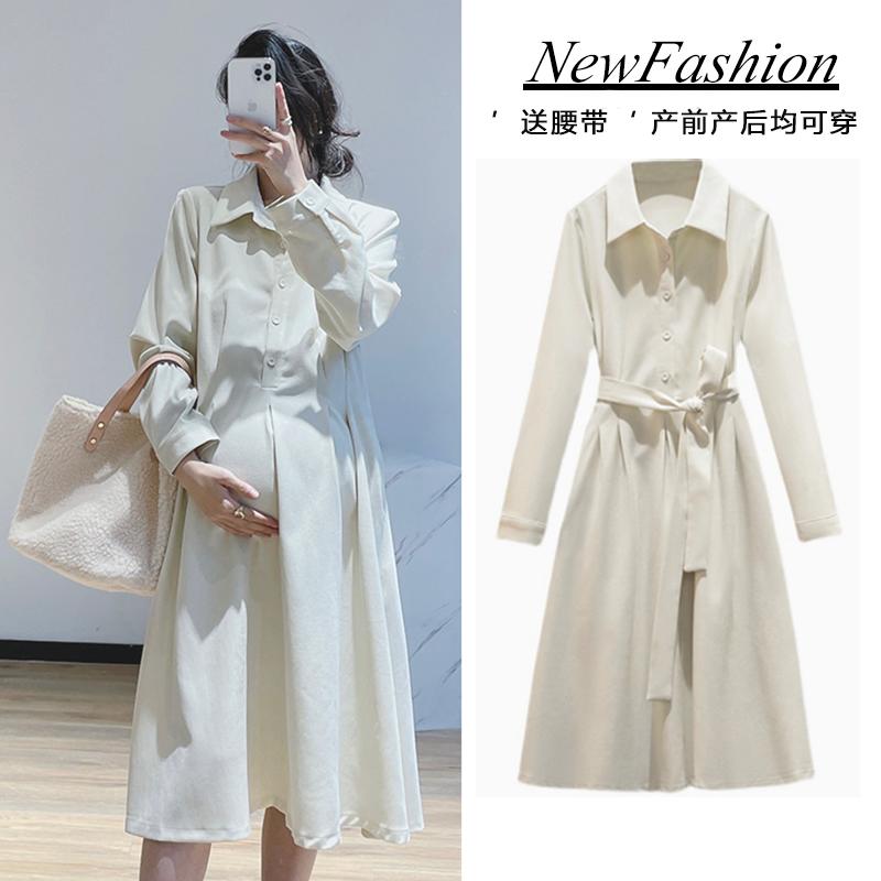 

Maternity Dresses 1902# Autumn Spring Korean Fashion Long Dress Elegant Chic Ins A Line Slim Loose Clothes For Pregnant Women Pregnancy, Beige