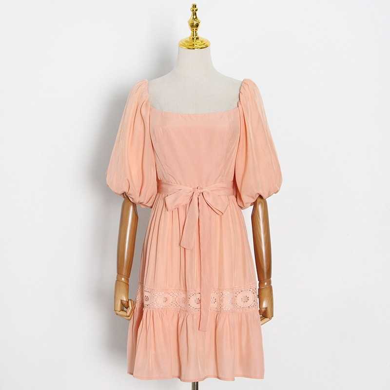 

Summer Square Collar Puff Sleeve Solid Vestidos Hook Flower Hollow Bowknot Drawstring Dress Korean Sweet Femme Robe 210525, Orange
