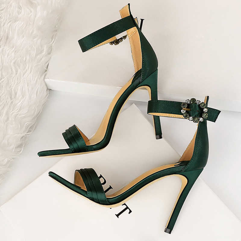 

2021 Crystal Women Satin 11cm High Heels Fetish Silk Sandals Gladiator Summer Shoes Open Toe Green Platform Blue Satin Sandles Y0721, Black