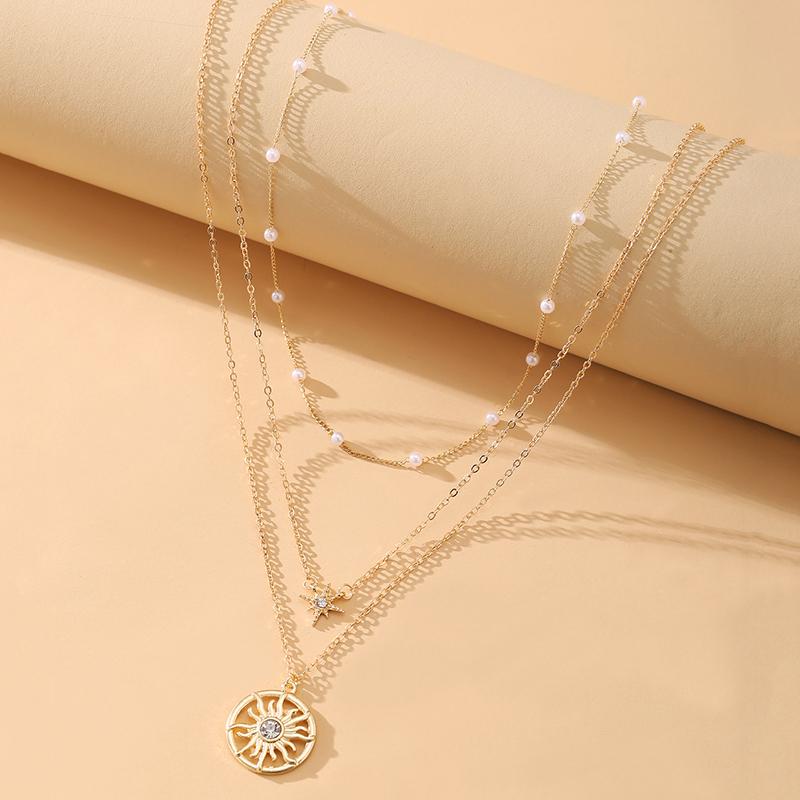 

Chains Vintage Sinulation Pearl Geometric Sun Pendant Choker Necklace Jewelry For Women Fashion Gold Color Chain Jewellery Bijoux Femme, Silver
