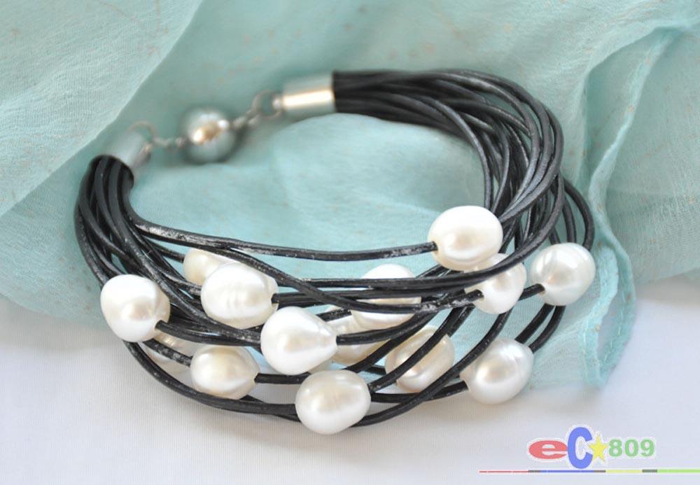 

Beaded, Strands P5237 15row 8" 13mm White Black Gray Rice Freshwater Pearl Leather Bracelet