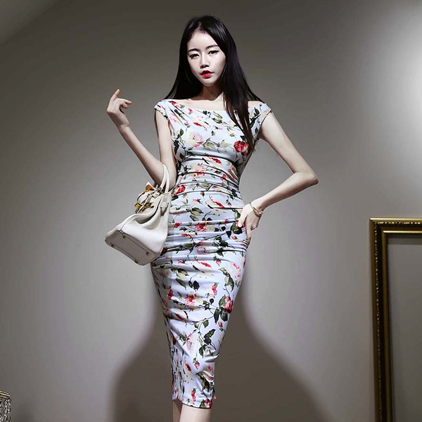 

Elegant Party Dress Summer Office OL Flowers Printing Sleeveless Knee-Length High Waist Bodycon Pencil Dress 210518, Picture color