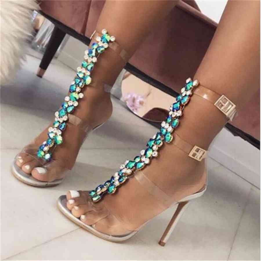 

New Summer Sandals Women Buckle Blue PVC High Heel 11cm OpenToe Sexy Sandals Shoes Heels Women Sandals for Women 2020, Silver