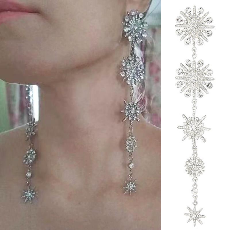 

Dangle & Chandelier 2021 Snowflake Rhinestone Drop Earrings For Women Long Tassel Star Crystal Weddings Engagement Jewelry Gift, Silver