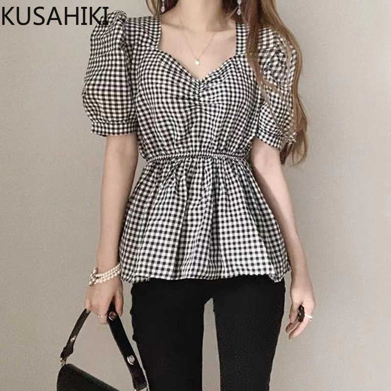 

KUSAHIKI Korean Plaid Women Blouses Puff Sleeve Square Collar Blusas Shirt Femme Summer Slim Waist Tops Mujer 6J687 210602, Black