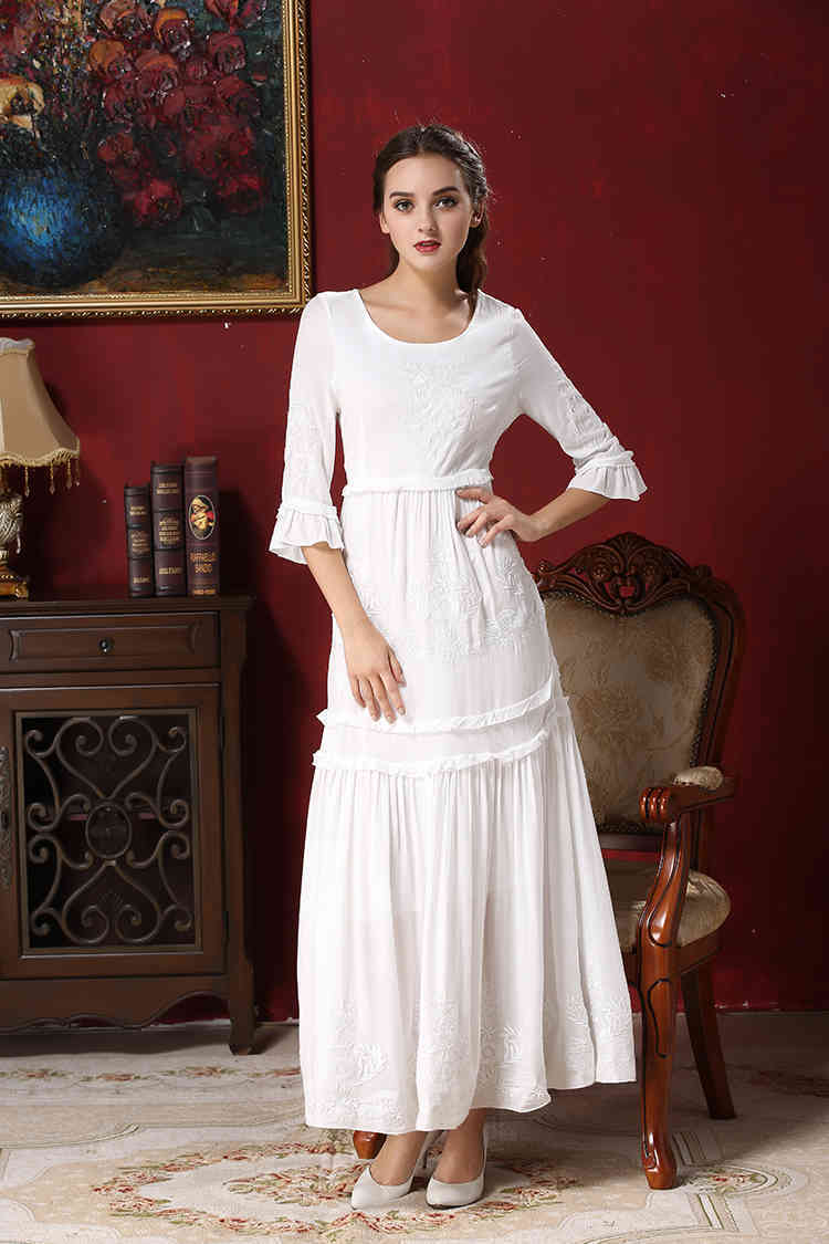 

long sleeve Women dresses Bohemian Vintage Ethnic Flower Embroidered Cotton Tunic Long1 White Maxi Dress Hippie Boho Asymmetric, Black