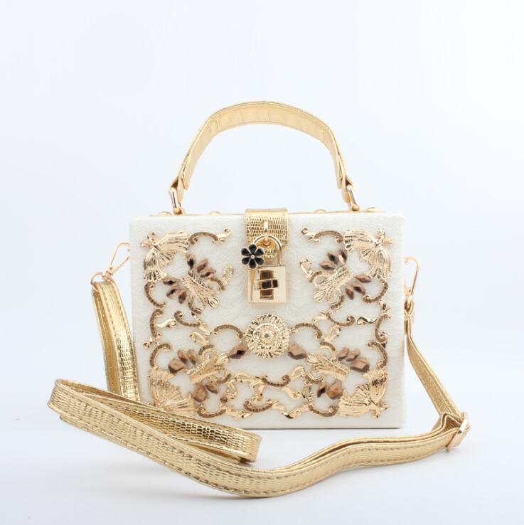 

Factory wholesale women bag fashion hollow leather handbag exquisite hardware carved woman portable shoulder handbags banquet diamond evening bags, White(boutique box)