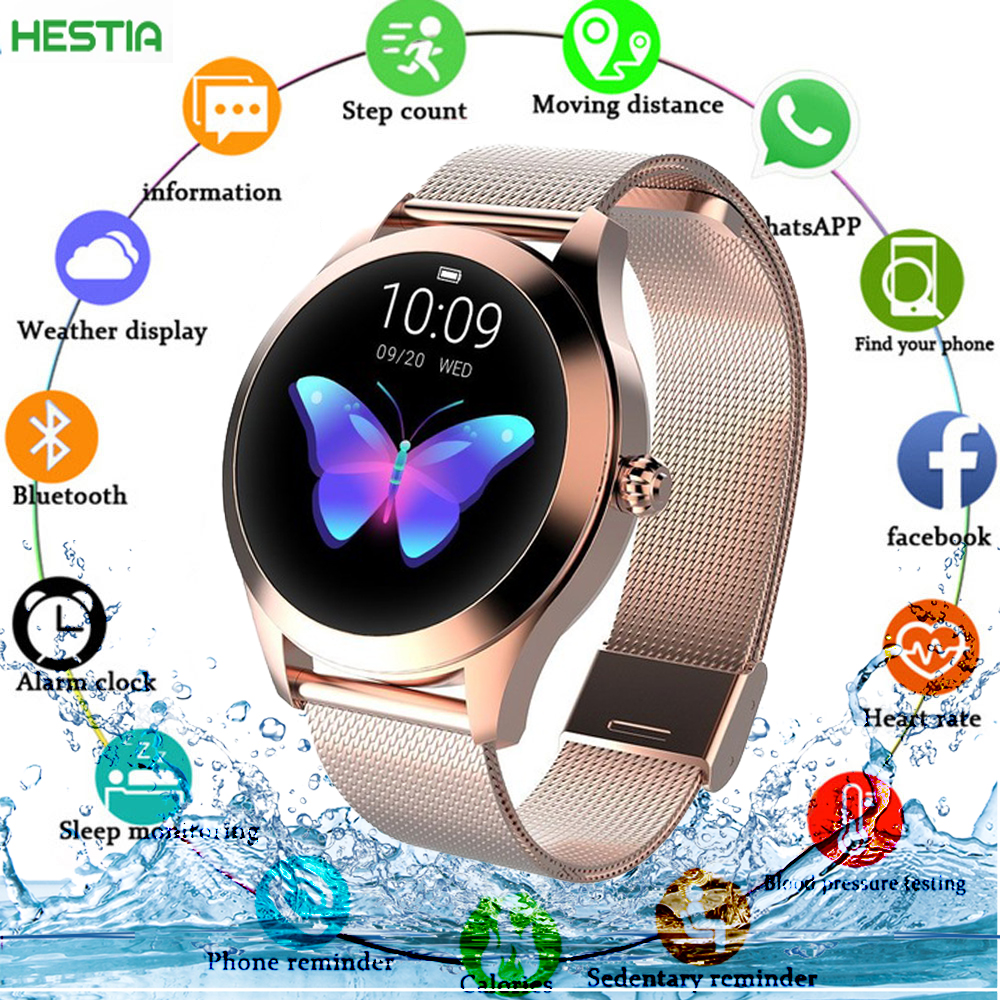 

Fashion Smart Watch Women KW10 IP68 waterproof Multi-sports modes Pedometer Heart Rate smartwatch Fitness Bracelet for Lady Giftg, Leather black