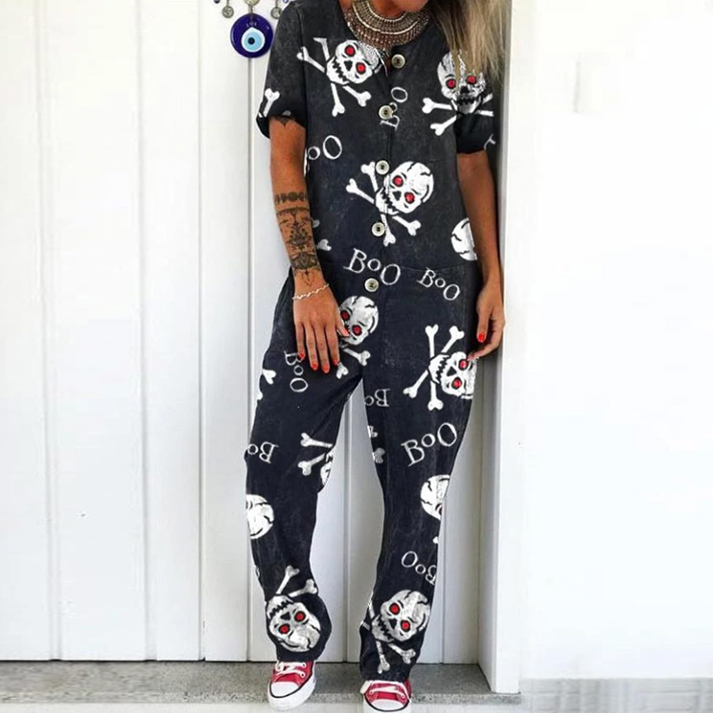 

202190s vintage skull print loose jumpsuit women casual short sleeve overalls romper elegant summer womens clothing 2021 playsuits, Black;white