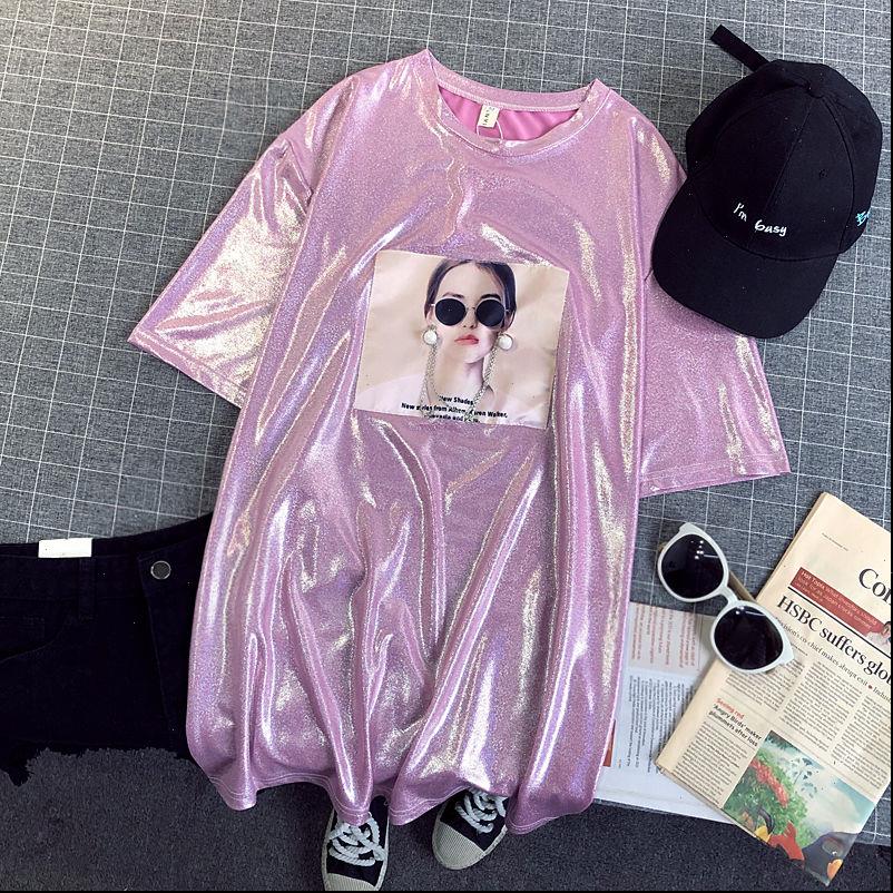 

summer women t shirts ladies shiny shirt retro street wear loose short sleeve oversize womens hip hop stylish, White