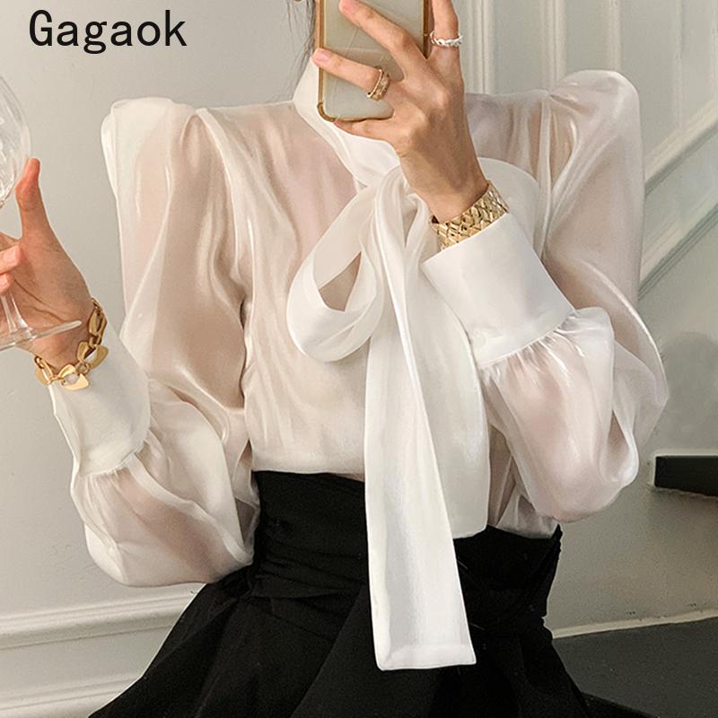 

Women's Blouses & Shirts Gagaok Blouse Women 2021 Spring Autumn Solid Turtleneck Puff Sleeve Chiffon Elegant Shirt Korean Chic Fashion Wild, Beige