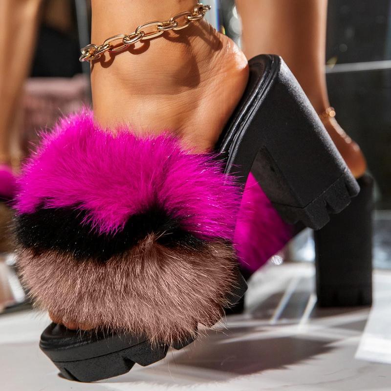 

Sexy Women Furry Sandals Ladies Shoes Cute Plush Fluffy Thick Bottom Fur Outdoor Slippers Warm Homewear, Black