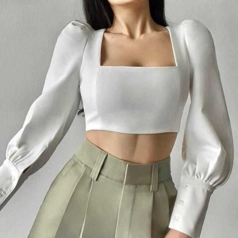 

Square Collar Elegant Bodycon Womens Blouse White Slim Puff Sleeve Tops Office Lady Shirt Autumn Spring 210602