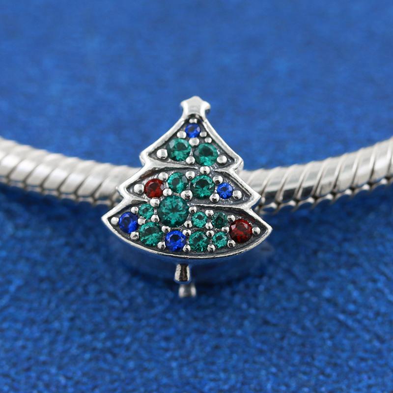 

100% 925 Sterling Silver Christmas Tree Charm Bead with Multi Colors Cz Fits European Style Jewelry Charm Bracelets and Necklaces