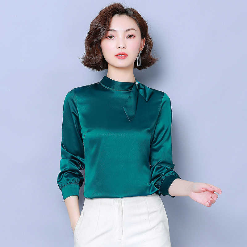

Korean Silk Women Blouses Woman Solid Satin Shirt Long Sleeve Shirts Casual Bow Tie Tops Plus Size 3XL 210604, Beige