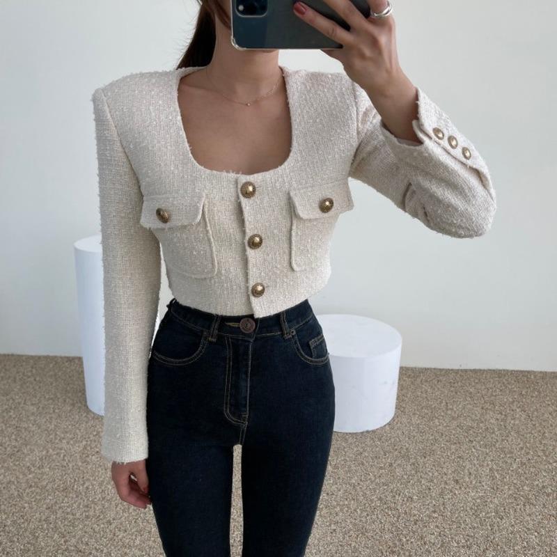 

Women's Jackets Slim OL Korean Temperament Chic White Square Collar Tweed Coat Short Single-breasted Cardigan Jacket Fashion Tops Retro, Black;brown