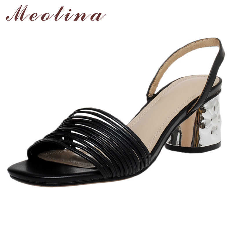 

Meotina Genuine Leather High Heel Sandals Narrow Band Women Shoes Round Toe Thick Heels Female Sandals Summer Black Large Size 9 210608