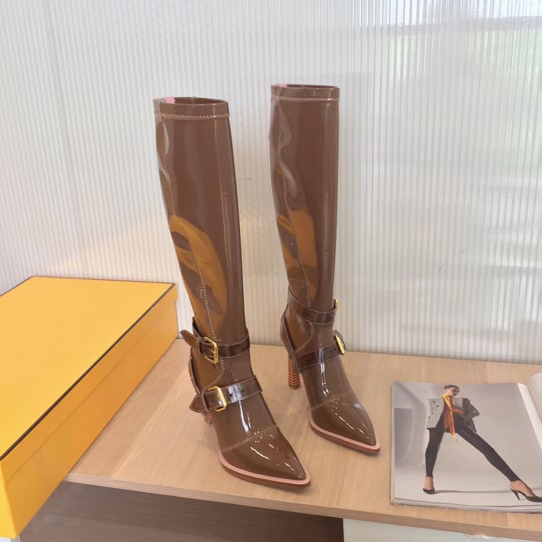 

Autumn Winter Knee Boots Fashion Pointed Toe Women's Back Zipper Belt Buckle High Heel Sexy Patent Leather Comfortable Knight Long Boot top Quality, Black