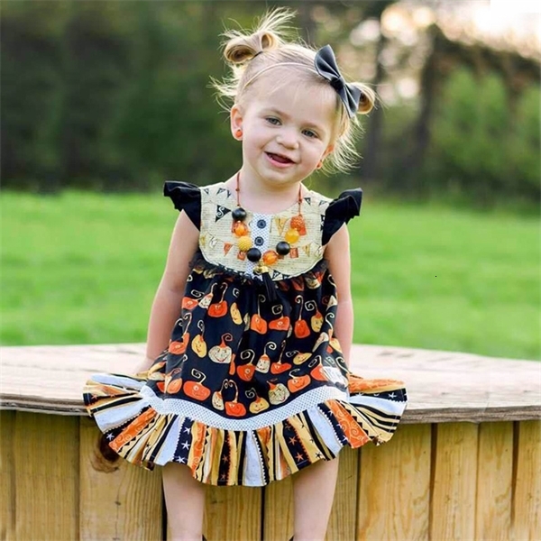 

Girl's Dresses Halloween Girl Pumpkin Floral Printed Girls' Princess Cotton Draped Crewneck Baby Sleeveless Dress 1023, Black