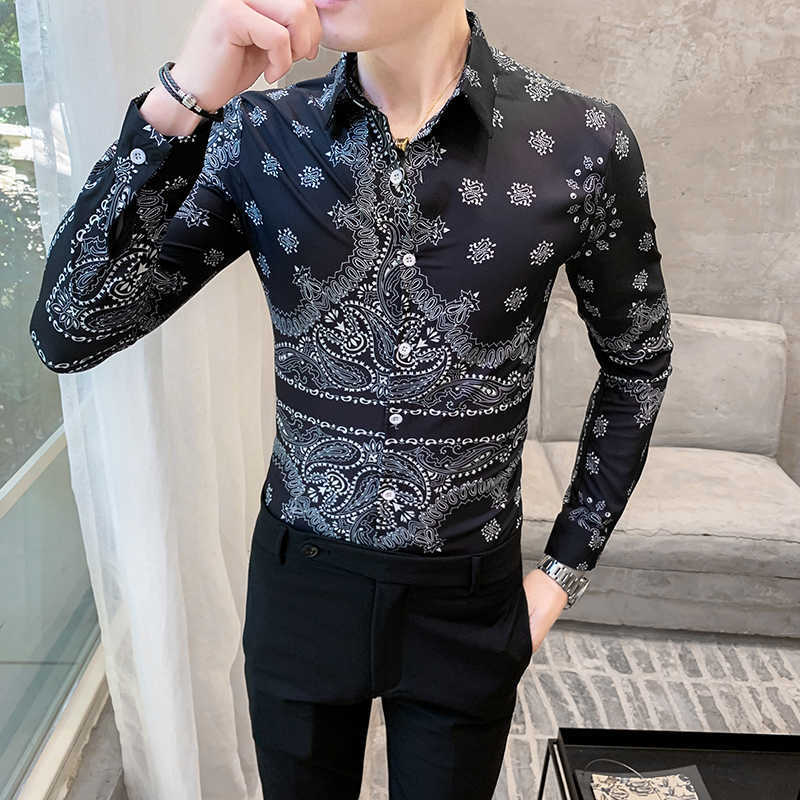

Baroque Shirt Men Long Sleeve Casual Slim Fit Shirts Men Dress Clothes Designer Print Streetwear Tops Camisa Social Masculina 210527, Black