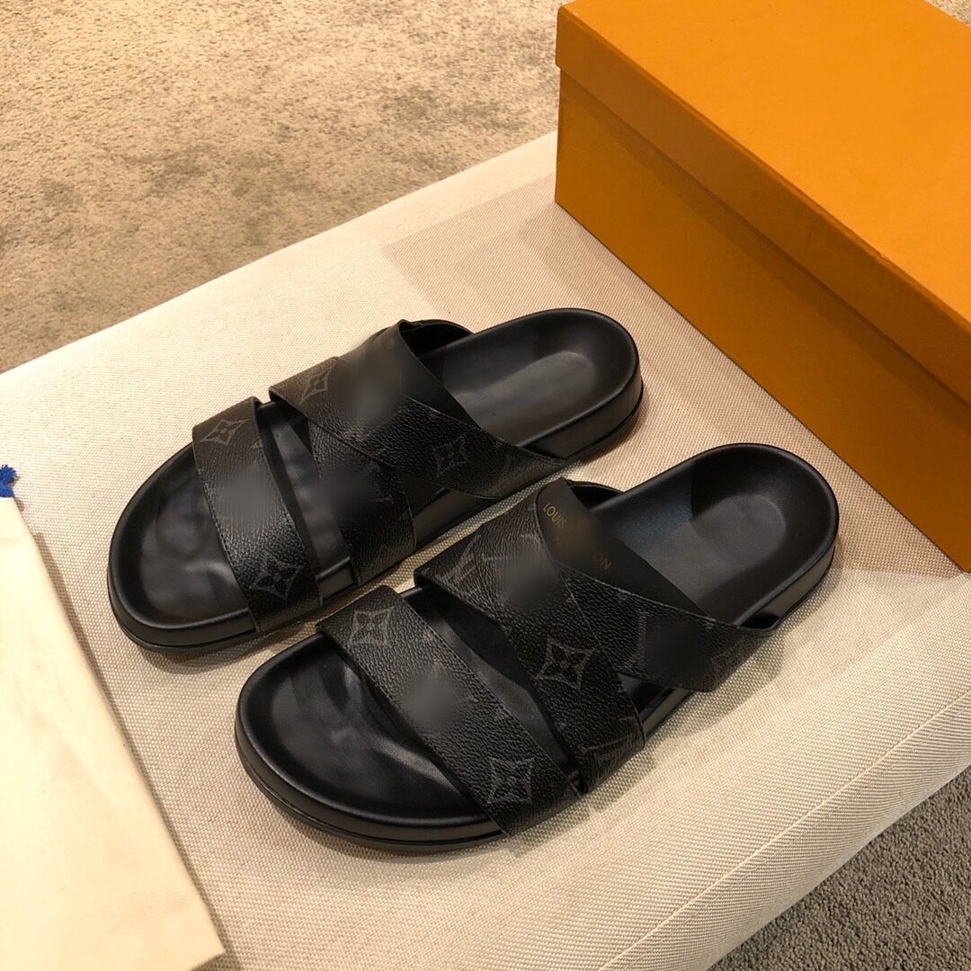 

2021 Casual Men Designer Slippers Letter Printed Flat Leather Fashion Luxury Mens Slides Plus Size Eur38-45 Zlh, Black