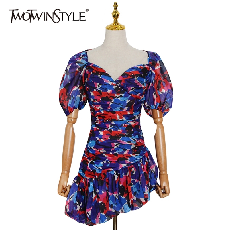 

Purple Print Floral Dress For Women V Neck Puff Short Sleeve High Waist Irregular Hem Mini Dresses Female 210520