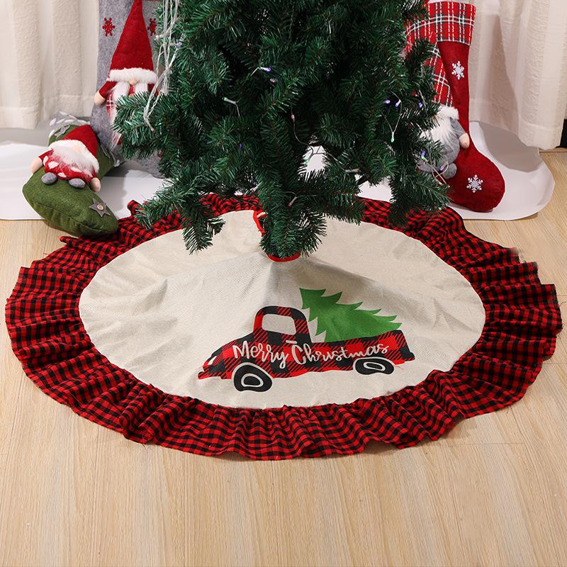 

Christmas Decorations Tree Skirt Foldable Linen Red And Black Plaid Edges Xmas Holiday Practical Party Supplies