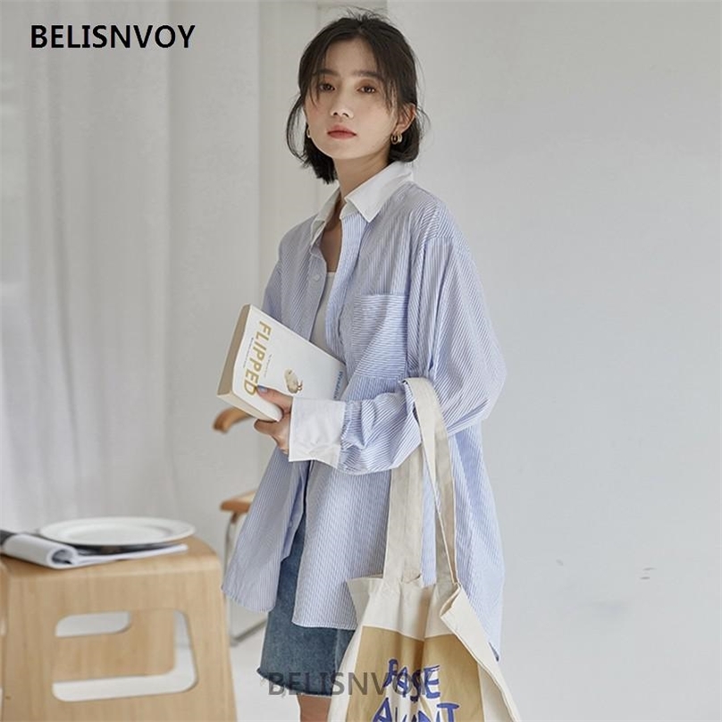 

Striped Shirt Oversized Casual Female Tops Women Long Sleeve Cotton Girls Blouse Spring Autumn Plus Size Blouses Femme 210520, Blue