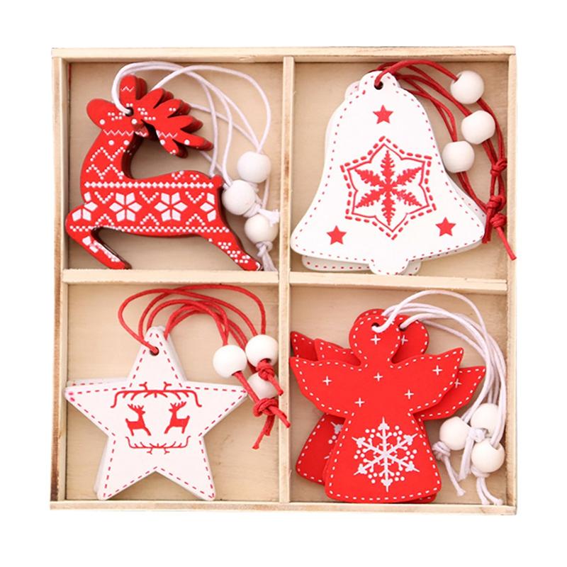 

Christmas Decorations 12Pcs Wooden Pendants Xmas Tree Ornament Snowflake Pattern Home Decor