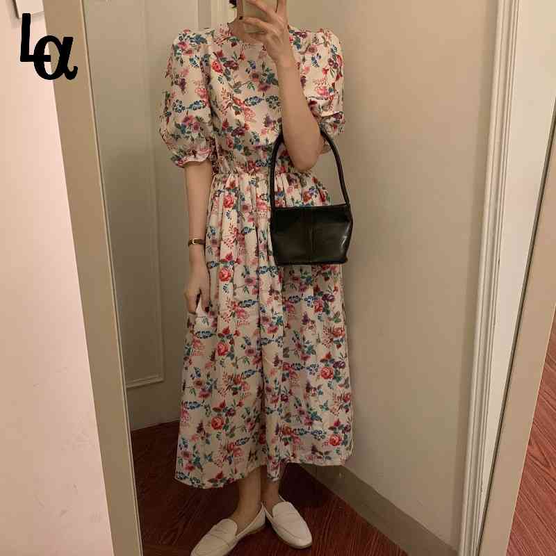 

Women Summer Vintage Sweet Watercolour Flower Long Pleated Dress Elastic High Waist Puff Sleeves Pullover Ball Gown 210519, Image color