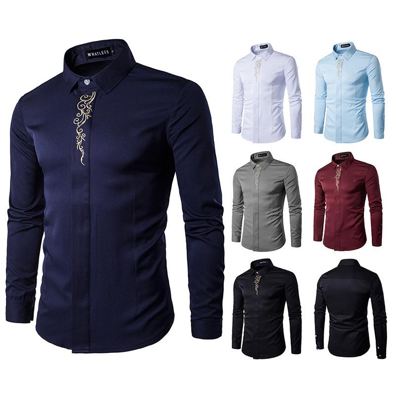 

Embroidery Long Sleeve Shirts Men Slim Fit Streetwear Solid Shirt Vintage Male Business Formal Social Dress Tops Chemise Homme Men' Casual, Black