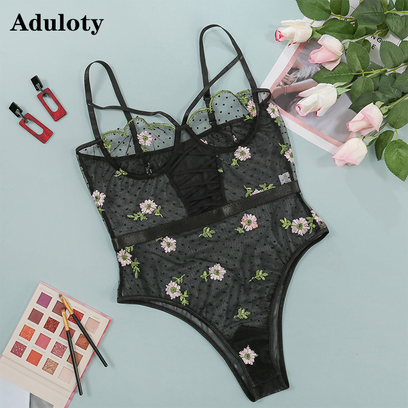 

The new sexy lace polka dot embroidery Teddy bodysuit mesh thin section see-through comfortable bra thong one-piece lingerie, Red