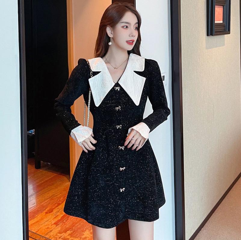 

Casual Dresses French Retro Temperament Waist Slim Lapel Flare Long Sleeve Black Doll Dress Mini Vestidos Mujer Autumn Women Clothes, Black;gray